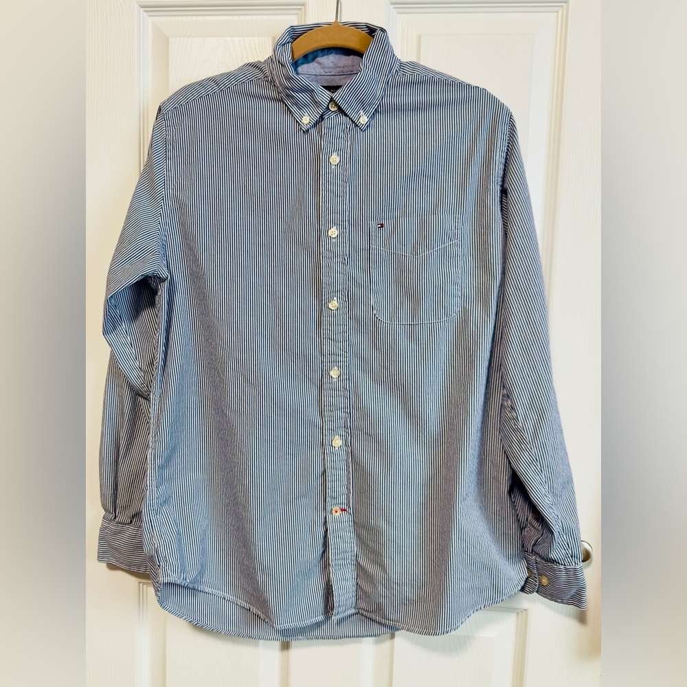 Men’s Tommy Hilfiger Long Sleeve Shirt Striped Blue and White with Pocket Sz S